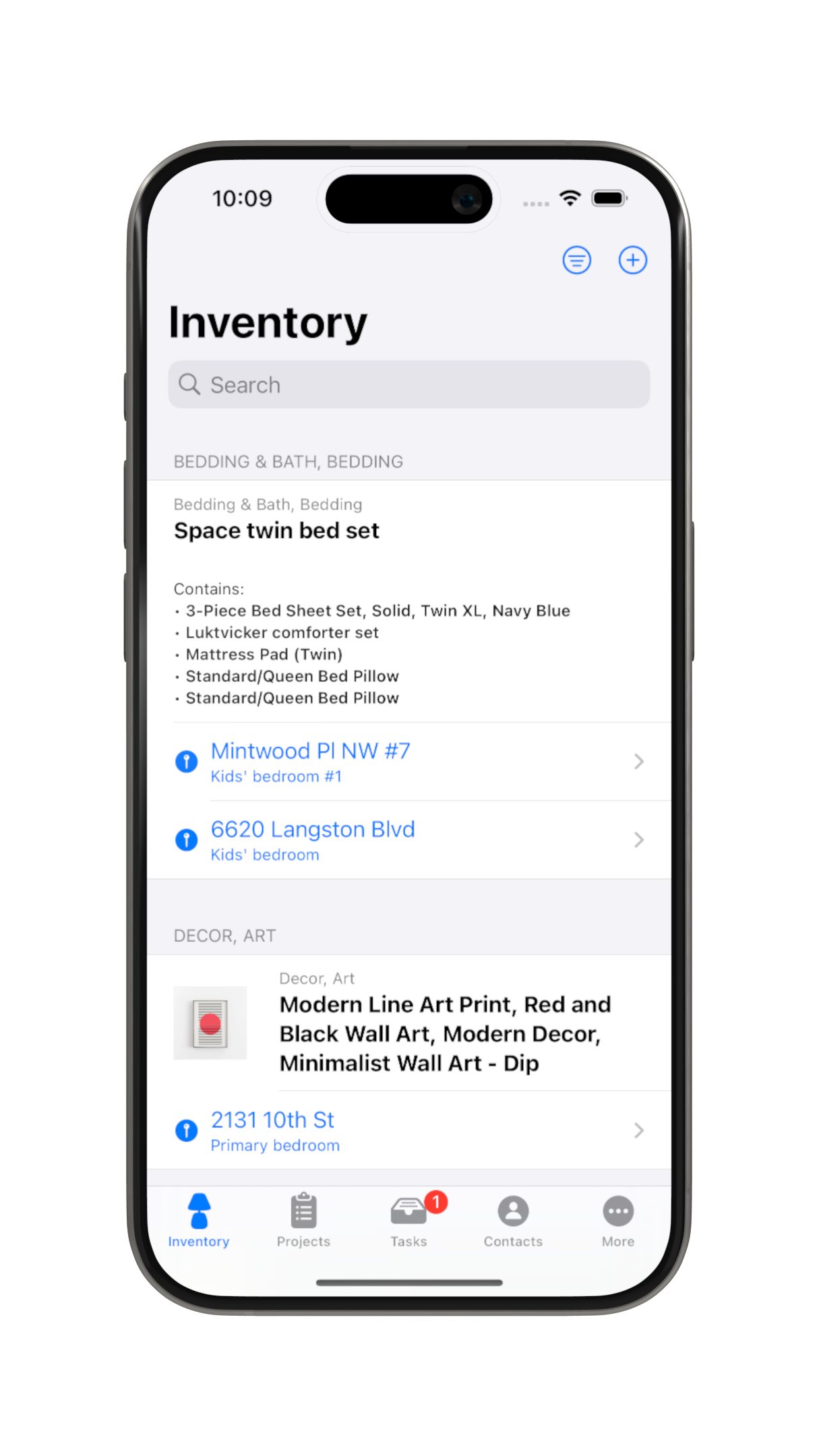 Stager app's inventory list page